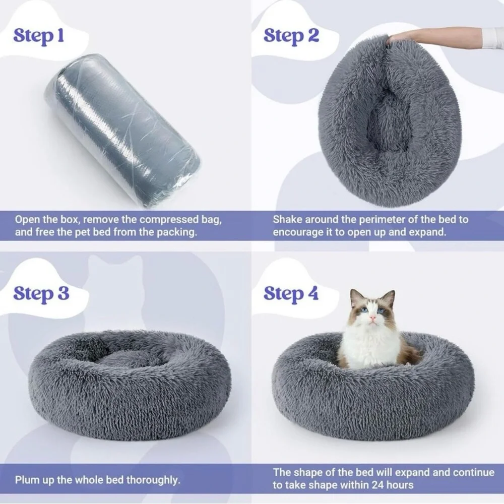 Fluffy Donut Shaped Pet Dog Cat Bed Plush Soft Warm Calming Sleeping Bed 20 inch